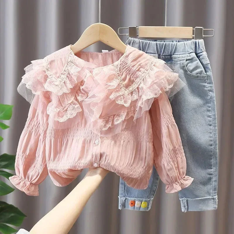 Girls' Spring Autumn Lace Shirt & Denim Jeans Set