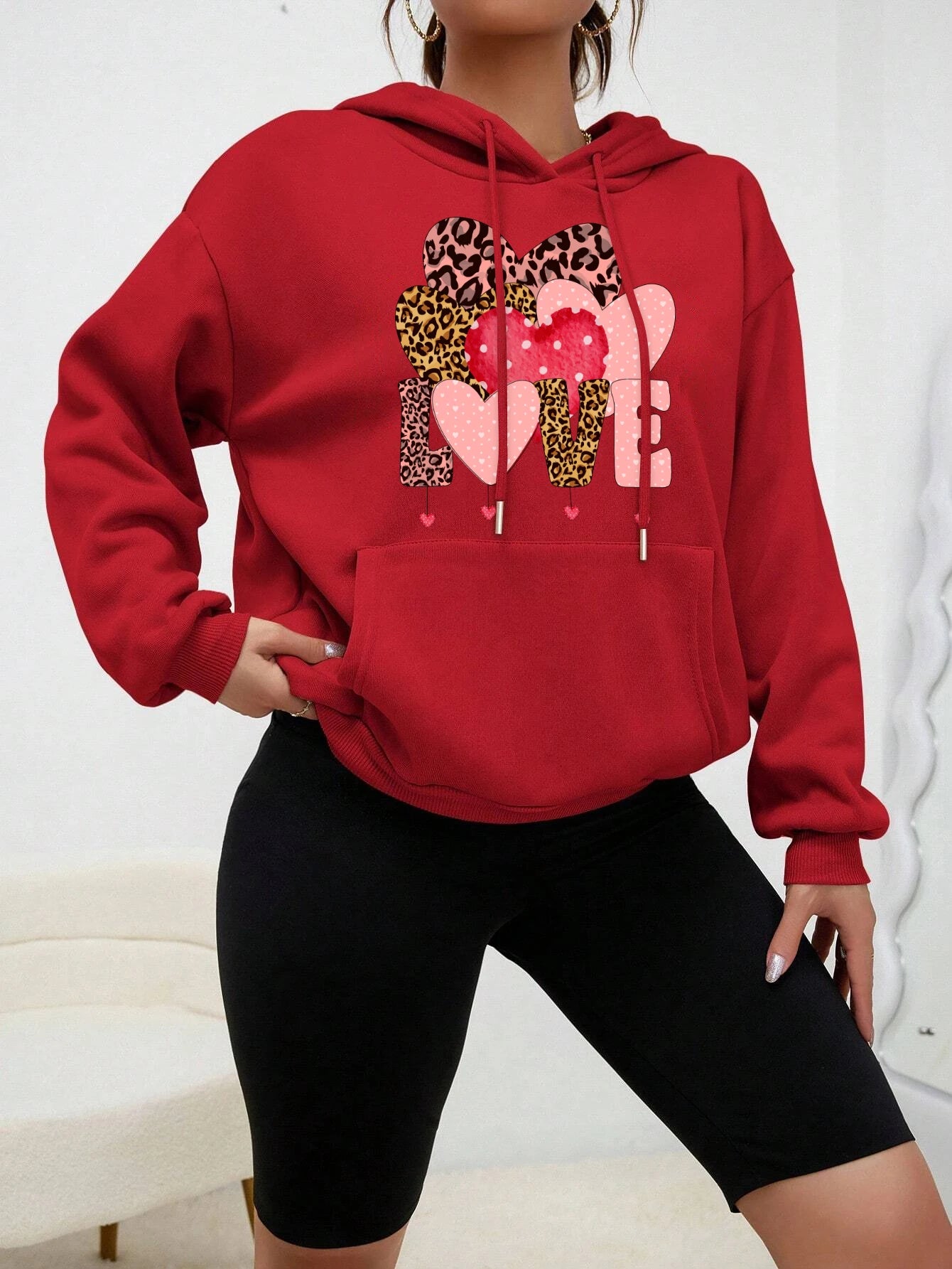 Creative Leopard Print Love Fleece Pullover Hoodie for Women