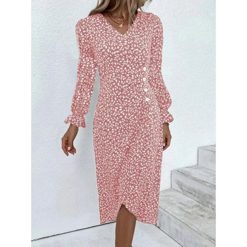 Elegant Floral Pleated Midi Dress - V Neck Puff Sleeve Summer Dress