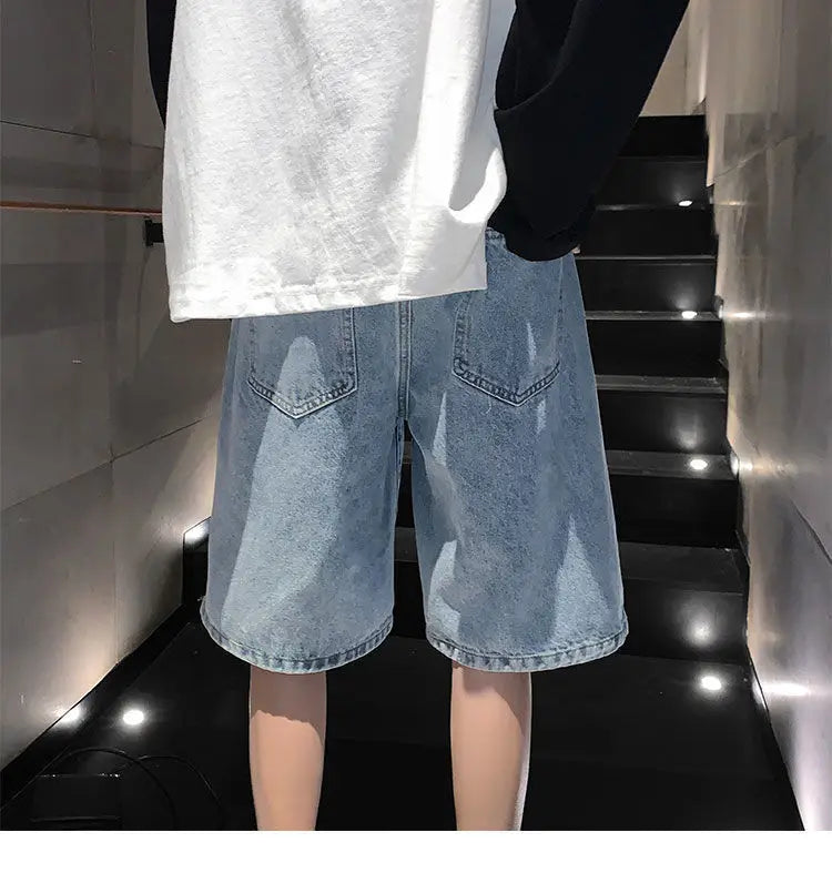 American cross-print denim shorts men's summer thin Hong Kong style loose trousers trendy brand retro casual mid-pants y2k tops