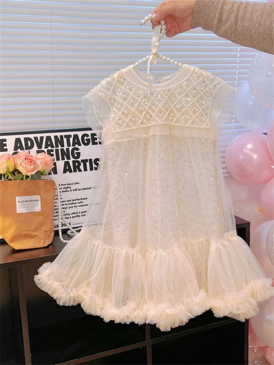 Girls' Summer Dress – Korean Princess Casual Mesh Dress with Pearl Sequin Details