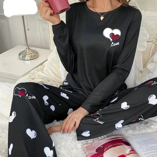 Autumn Winter Heart Print Pajamas for Women - Milk Silk Sleepwear