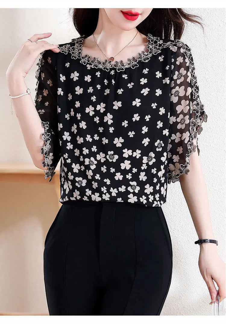 Women's Summer Elegant Chiffon Shirt – Loose Hollow Out O-Neck Short Sleeve Top for Casual All-Match Style