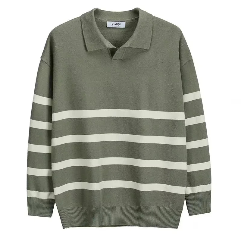 Men's Autumn Striped Lapel Sweater – Casual Y2K Knit Pullover.