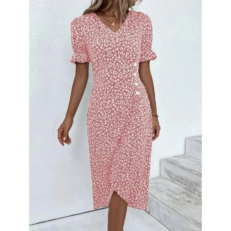 Elegant Floral Pleated Midi Dress - V Neck Puff Sleeve Summer Dress