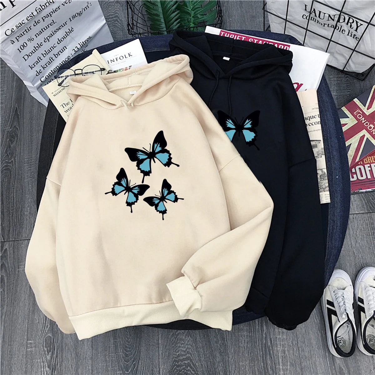 Butterflies Graphic Print Oversized Hoodie - Women's Chic Streetwear Fleece Sweatshirt