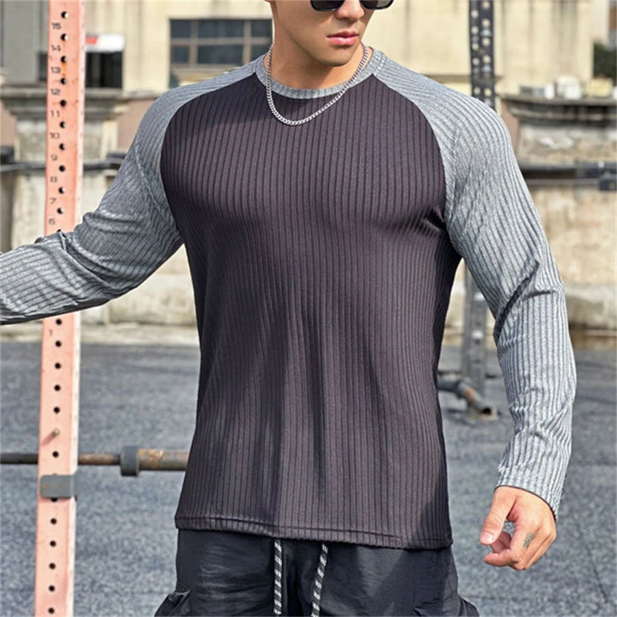 Men's Long Sleeve Gym Shirt - Splice Color Quick Dry Fitness Tee