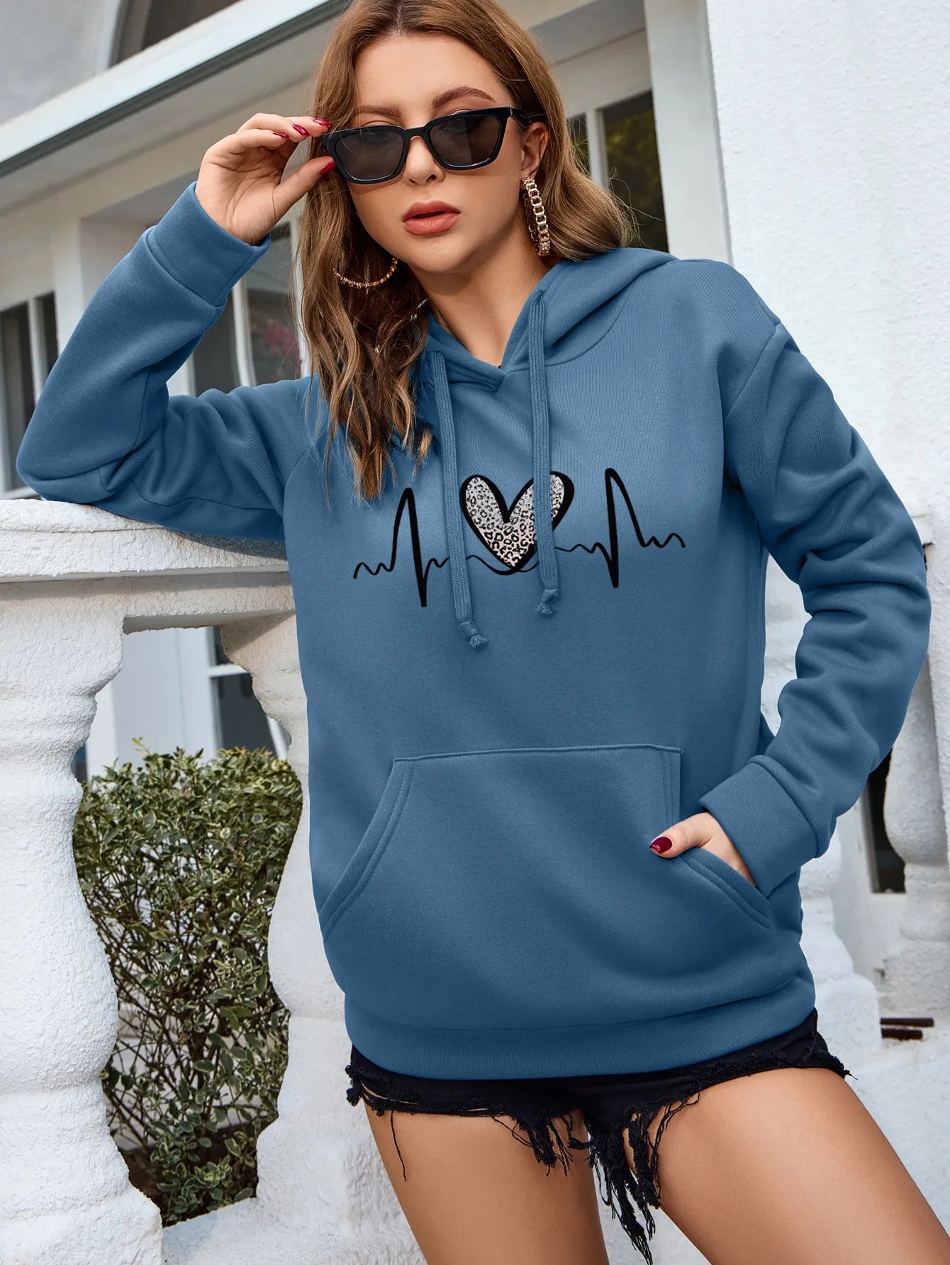 Leopard Heart ECG Pattern Women's Hoodie - Fashion Streetwear, S-XXL, Autumn