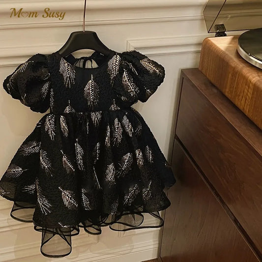 Baby Girl Princess Puff Sleeve Tutu Dress Gold Feather Infant Toddler Vintage Vestido Party Pageant Birthday Baby Clothes 1-12Y