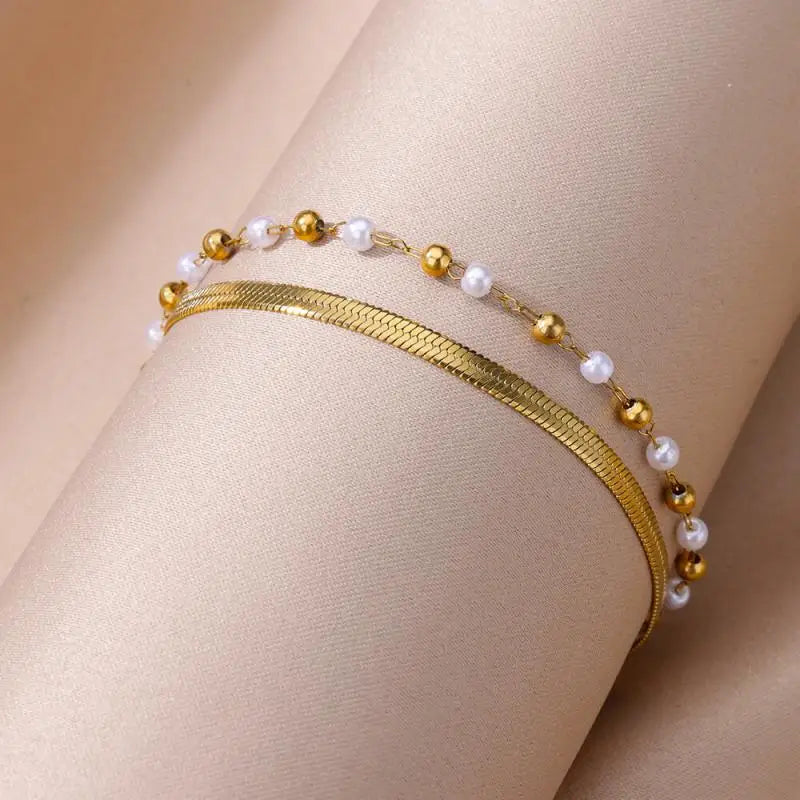 Gold Pearl Anklet - Summer Beach Stainless Steel Jewelry