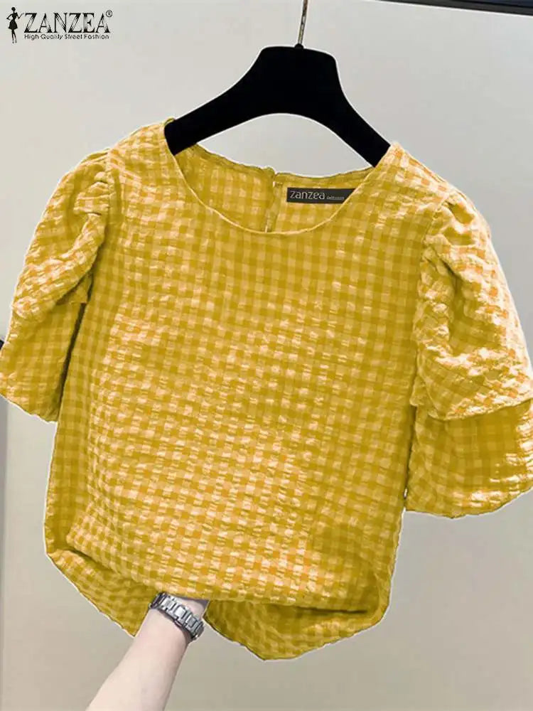 Women Casual Checked Blouses Short Puff Sleeve