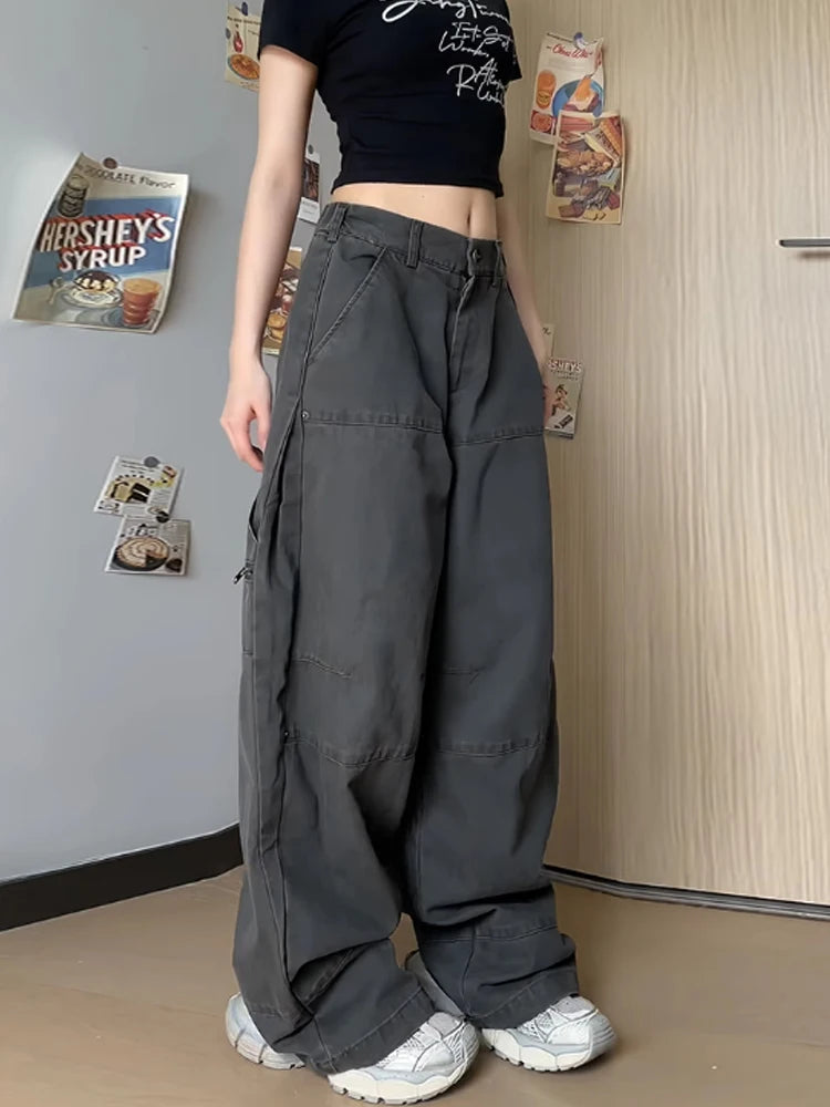 Women's Grey Baggy Cargo Jeans - 90s Y2K Vintage Denim