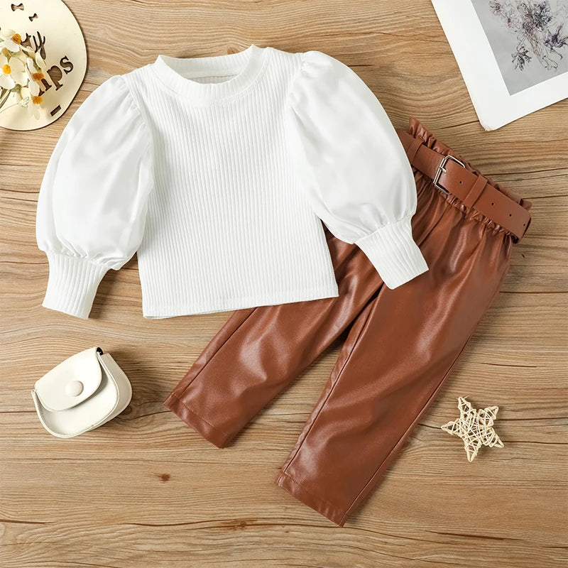 Girls' 2-Piece Puff Sleeve Blouse & PU Leather Pants Set