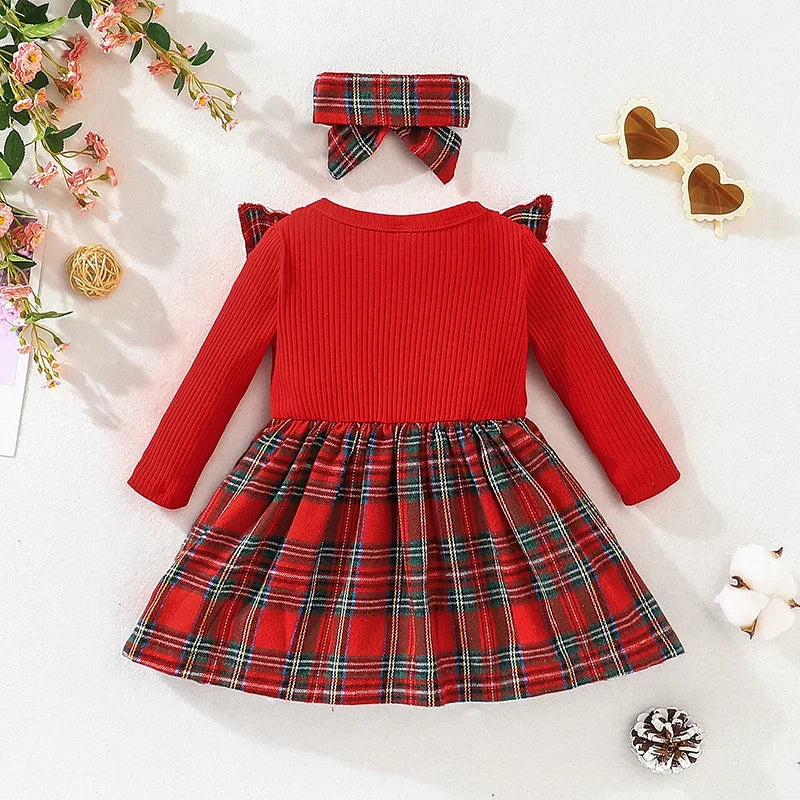 Baby Girl Birthday Dress – Long Sleeve Red Grid Princess Formal Outfit for 3 Months to 3 Years