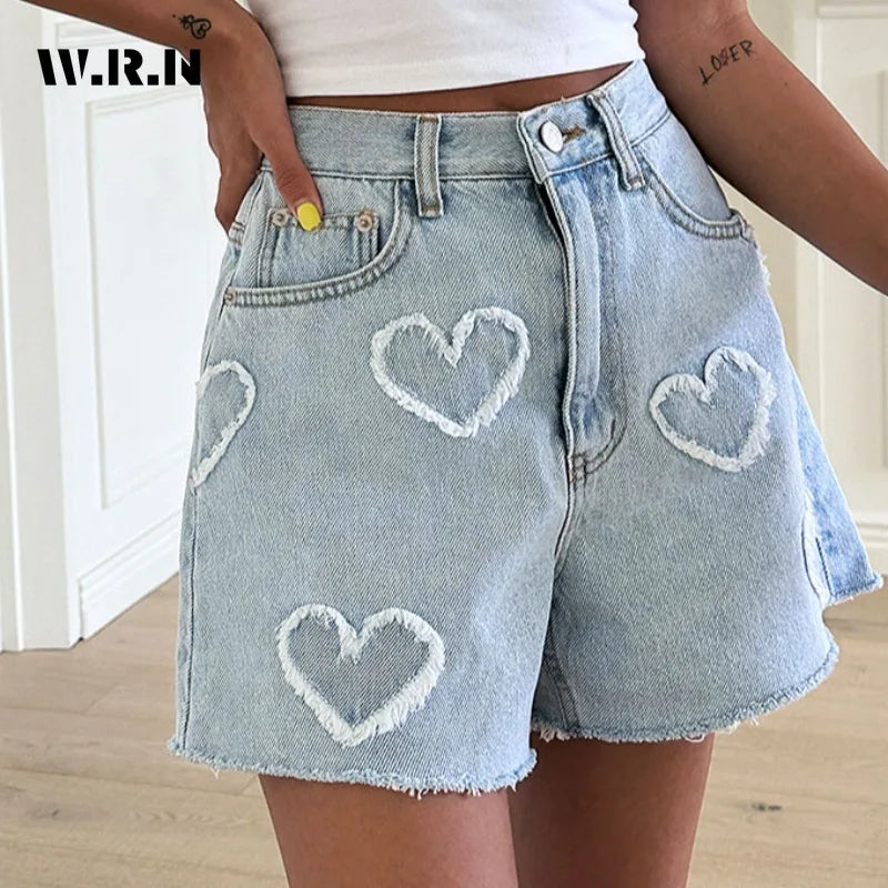 High Waist LOVE Printed Denim Shorts