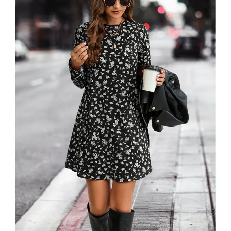 Autumn/Winter Fashion Print Slim Fit Mid-Length Dress - Round Neck Long Sleeve