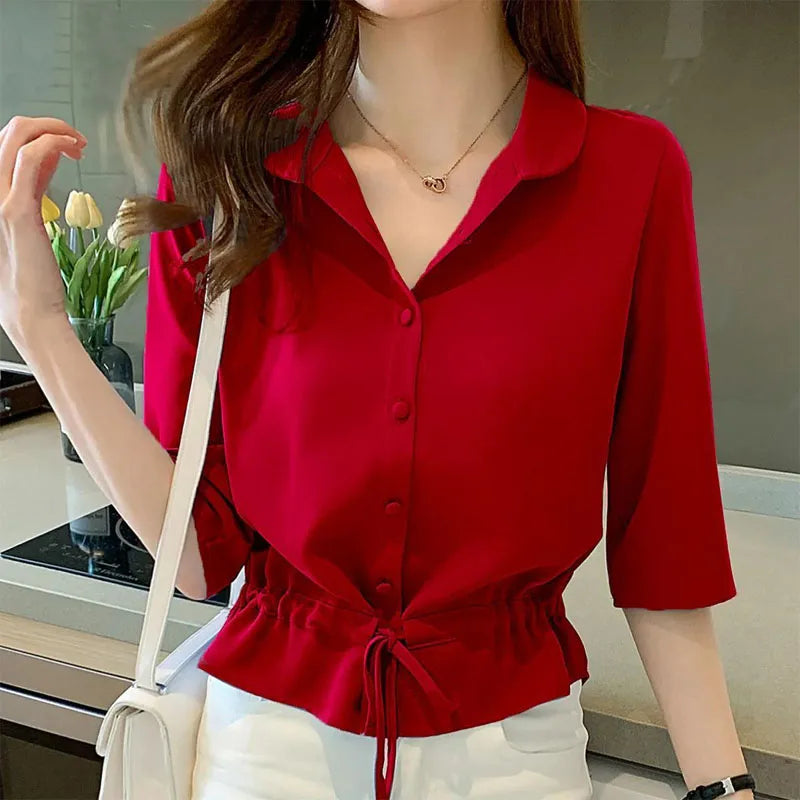 Summer Women’s Solid Chiffon Shirt – Turn-down Collar, Half Sleeve, Shirring Detail