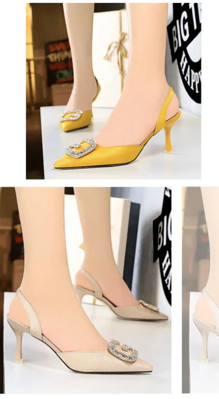 Women Shoes High Heels Shallow Pocket Tip Velvet Hollow Out Metal Buckle Sandals Fashionable Ladies Shoes