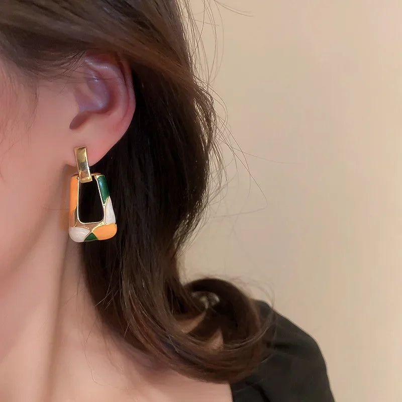 Women’s Trapezoid Colorful Enamel Earrings – Hollow Geometric Long Dangle, Korean Style Party Jewelry