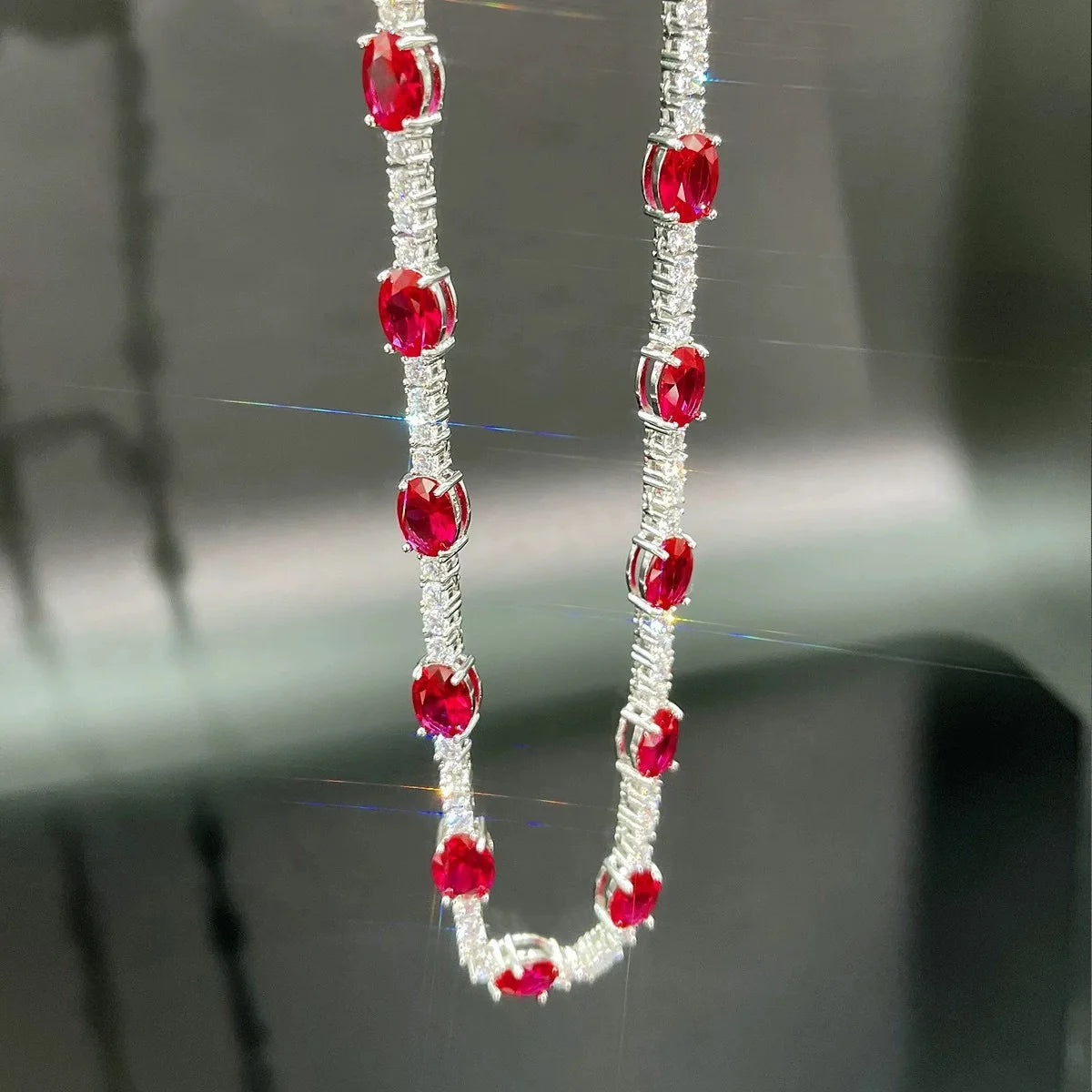 Handmade Lab Ruby & Diamond 14K White Gold Necklace - Bridal & Engagement Jewelry