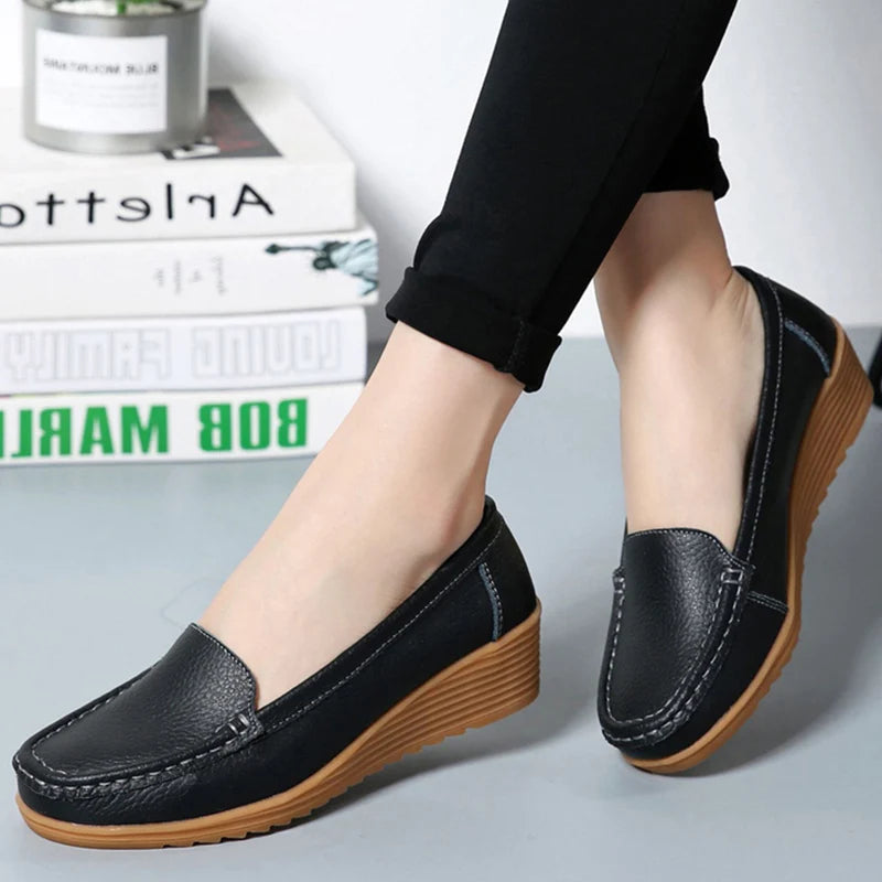 Women's Soft Leather Heeled Loafers - Casual Flat Moccasins