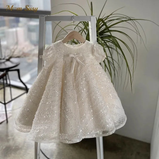 Baby Girl Princess Sequins Tulle Dress – Puff Sleeve Party Dress with Bow for Infants and Toddlers (1-7 Years)