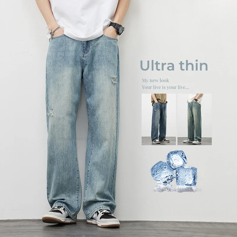 Men's Thin Baggy Jeans Summer Straight High Street Vintage Y2k Pants