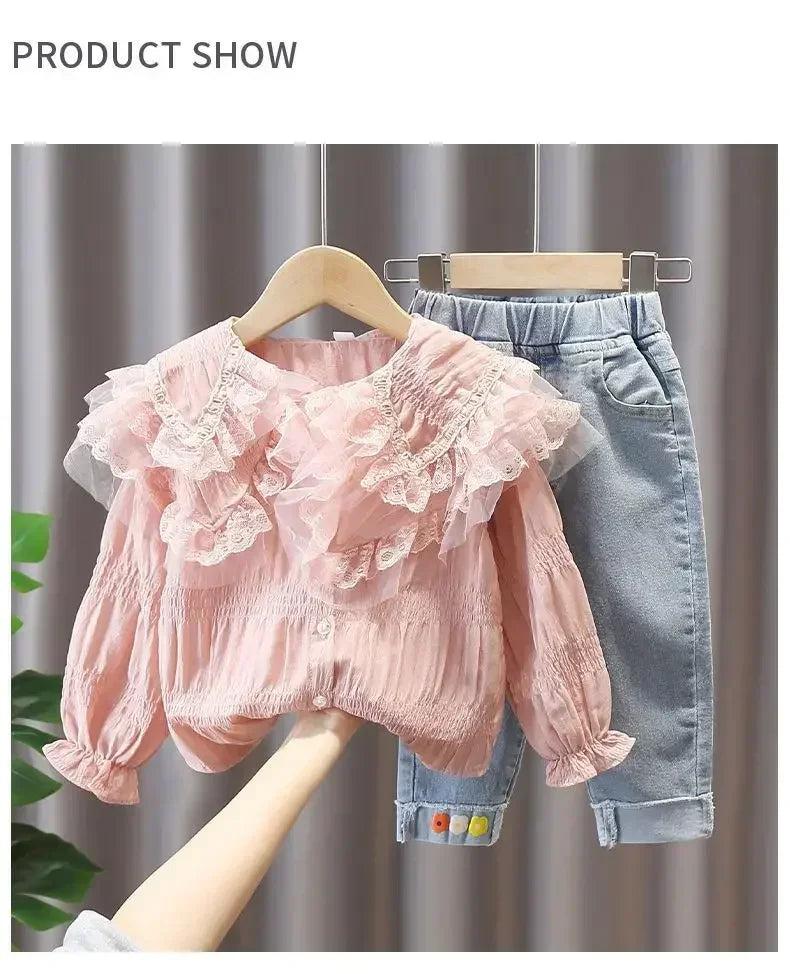 Girls' Spring Autumn Lace Shirt & Denim Jeans Set