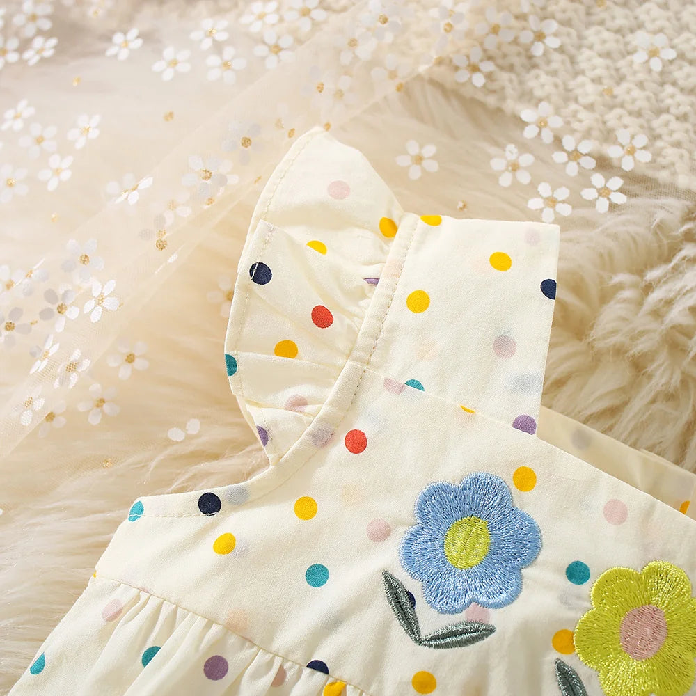 Summer New Baby Girls Hip Skirt Small Flying Sleeve Flower Embroidery Square Collar Color Polka Dot Square Collar One-Piece