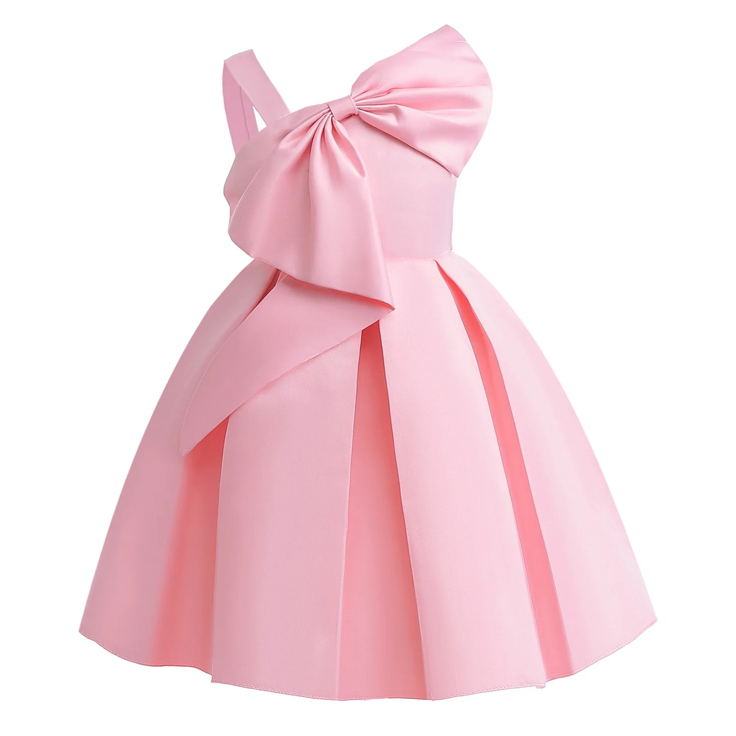 2024 Girls' One-Shoulder Satin Dress with Big Bow