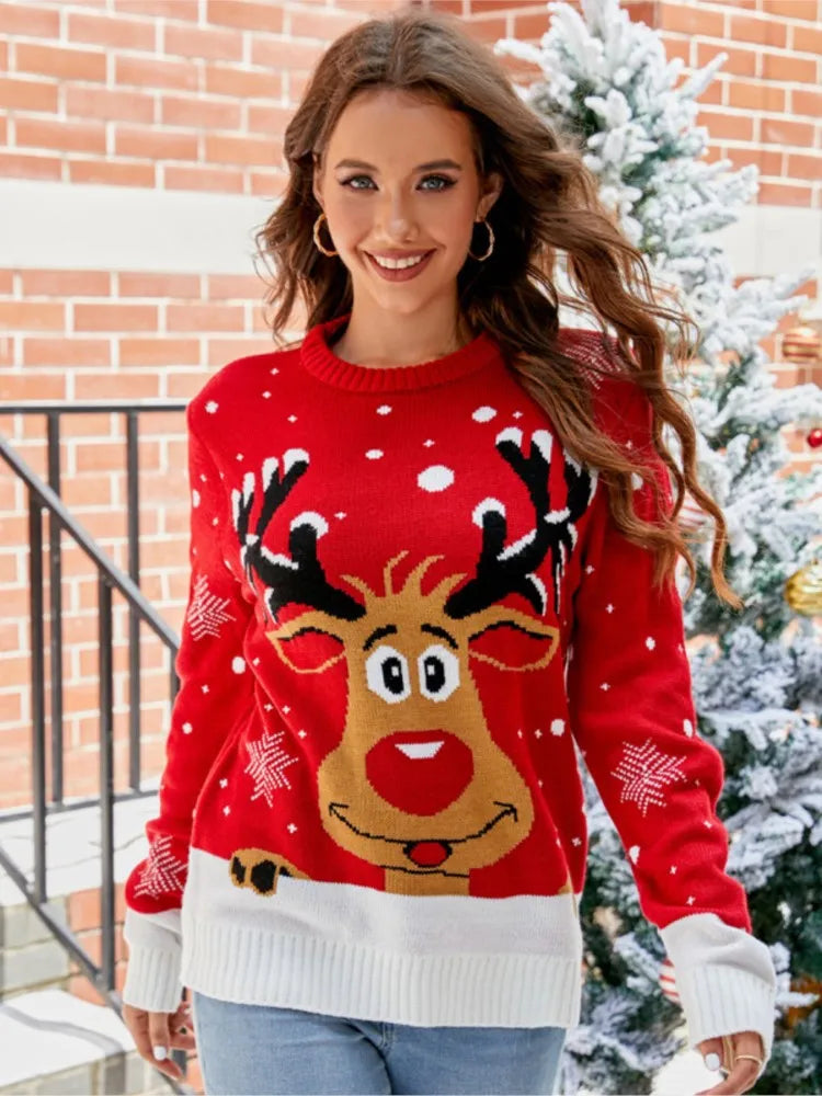 Christmas Women’s Knit Sweater – O-Neck, Long Sleeve, Printed Casual Pullover for Autumn/Winter