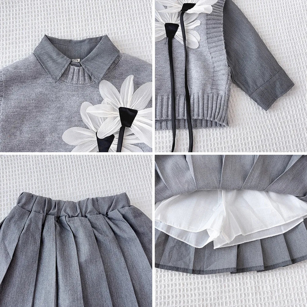 Bear Leader Grey Girls' 3-Piece Set - Shirt, 3D Flower Vest & Pleated Skirt