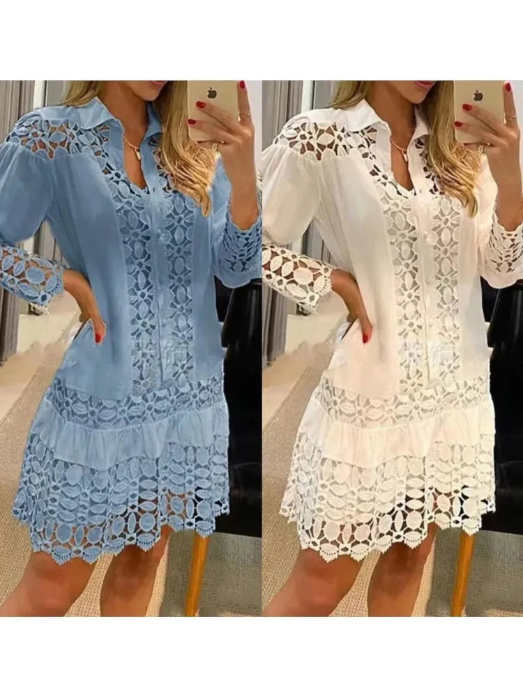 Lace Splice Elegant Long Sleeve Dress - Autumn Fashion