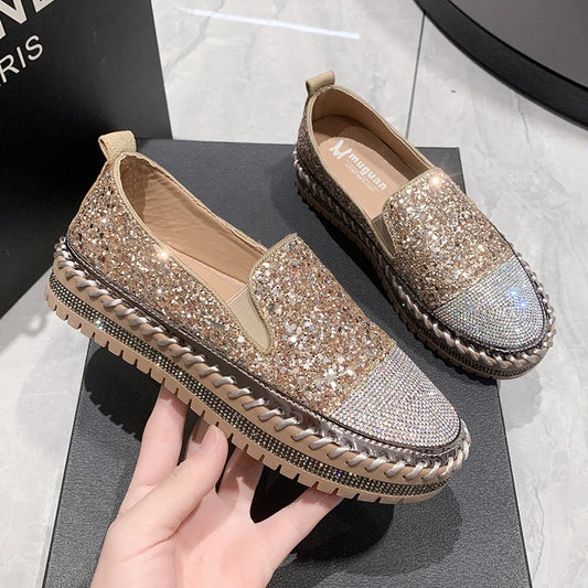 Women Shining Rhinestone Flats Loafers Slip