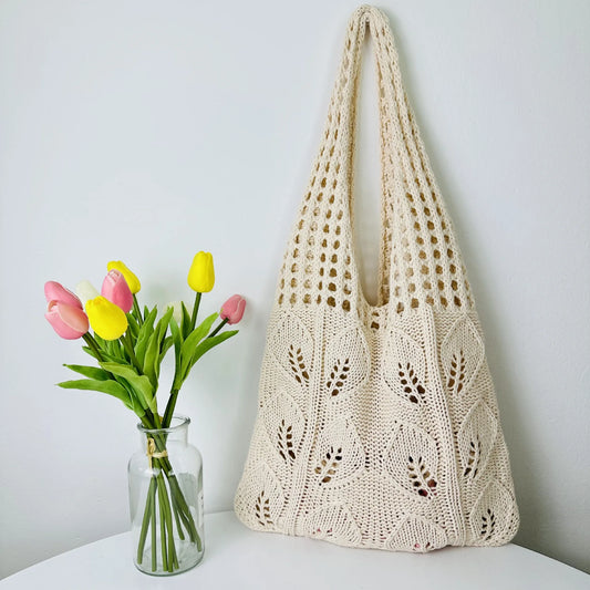 Knitted Beach Tote - Lightweight Woven Handbag for Women and Girls, Casual Shoulder Bag