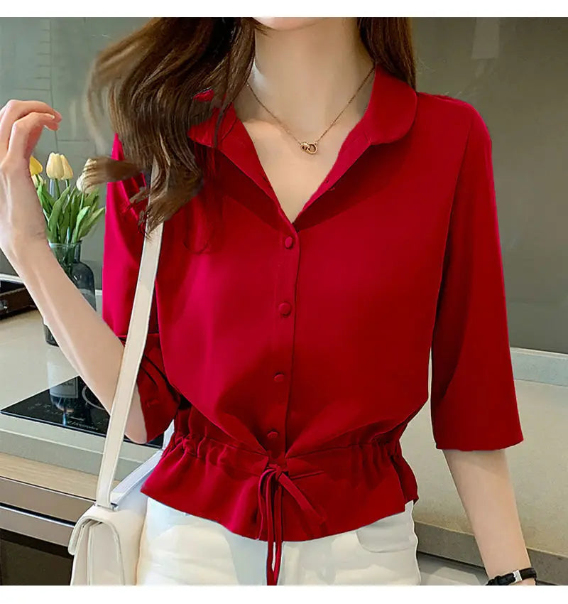 Summer Women’s Solid Chiffon Shirt – Turn-down Collar, Half Sleeve, Shirring Detail