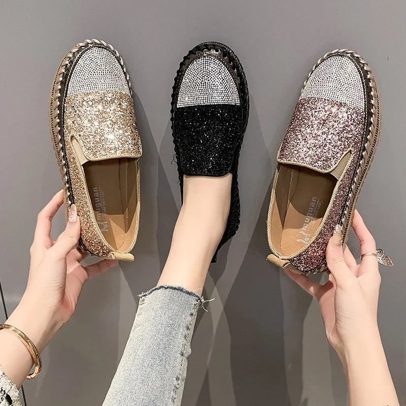 Women Shining Rhinestone Flats Loafers Slip