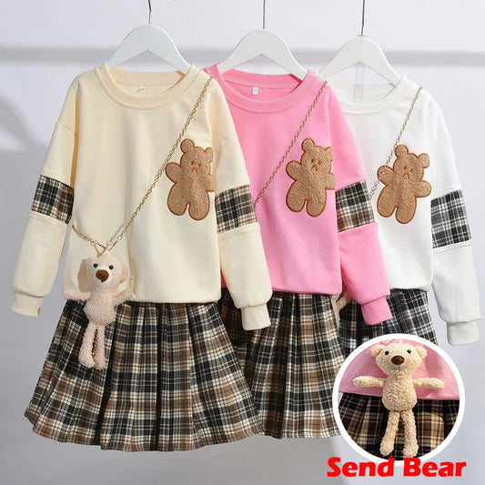 Adorable Bear Sweatshirt & Plaid Skirt Set for Girls