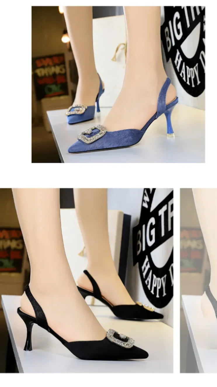 Women Shoes High Heels Shallow Pocket Tip Velvet Hollow Out Metal Buckle Sandals Fashionable Ladies Shoes