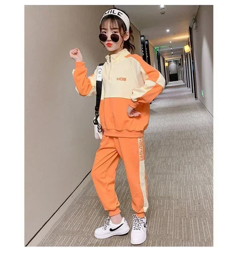 Korean Style Girls' 2-Piece Hoodie & Pant Set for Spring/Autumn (3-14Y)