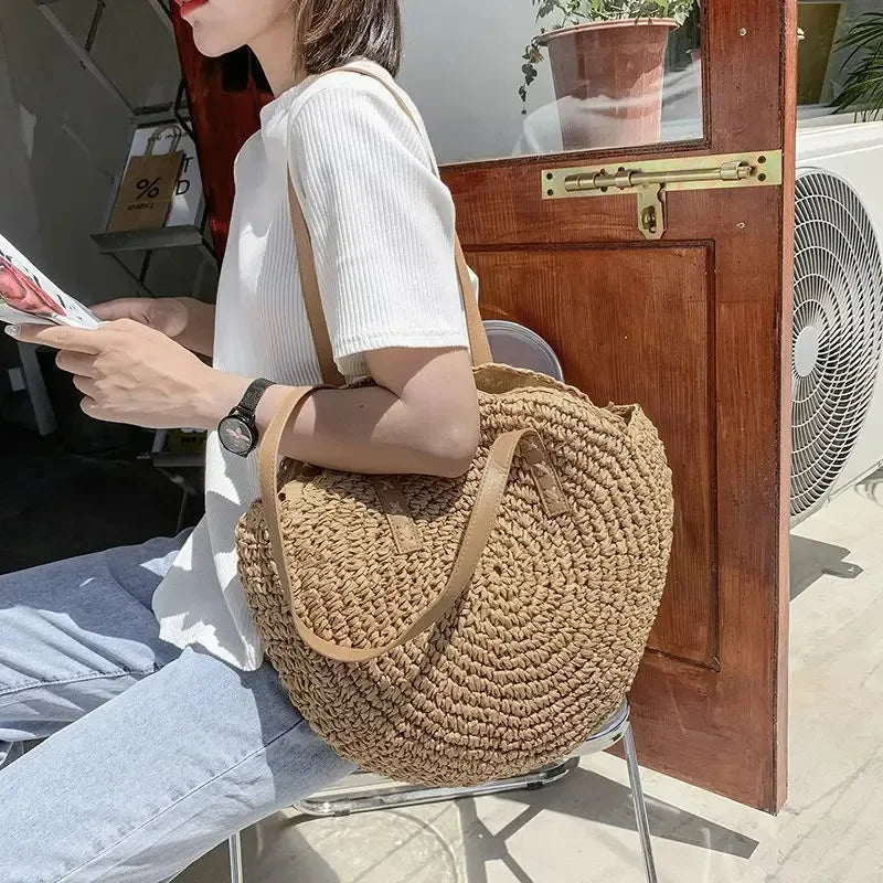 Vintage Round Straw Beach Bag – Handmade Rattan Shoulder Bag, Bohemian Summer Casual Style