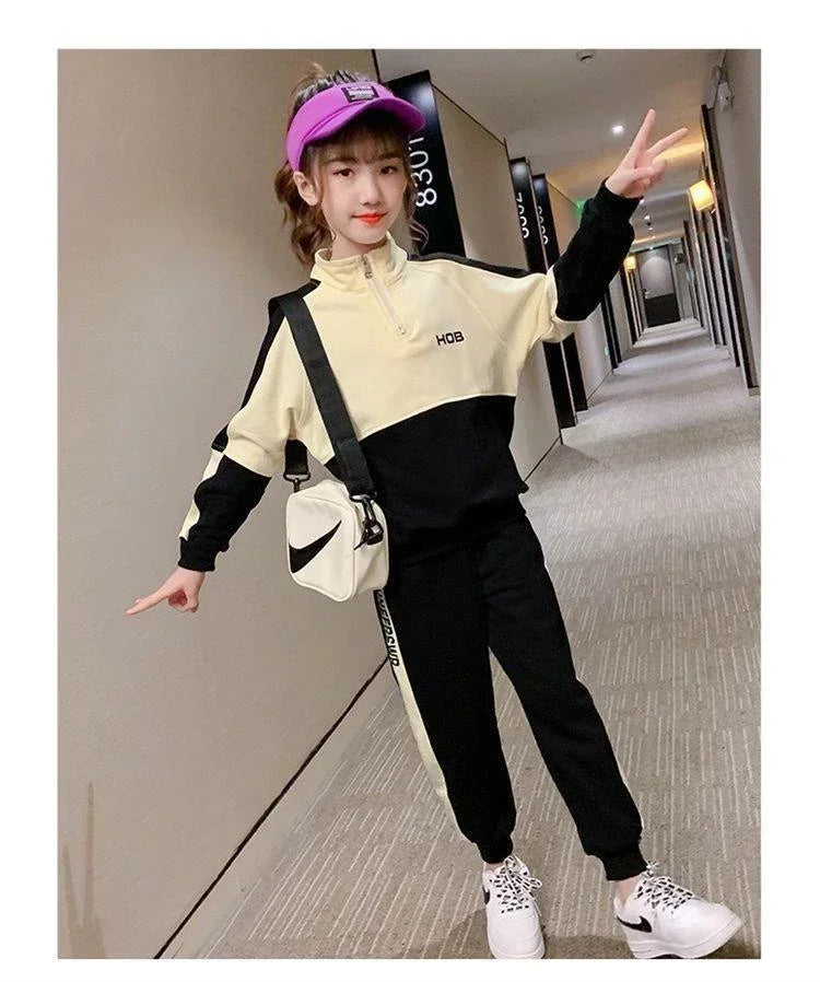 Korean Style Girls' 2-Piece Hoodie & Pant Set for Spring/Autumn (3-14Y)