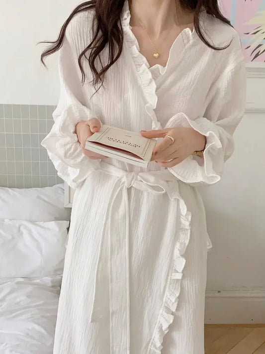 Women Robe V-Neck Sleepwear Ruffles Bathrobe Kimono Robes with Belt Korean Night Dress Bridesmaid Dressing One Piece Pajamas