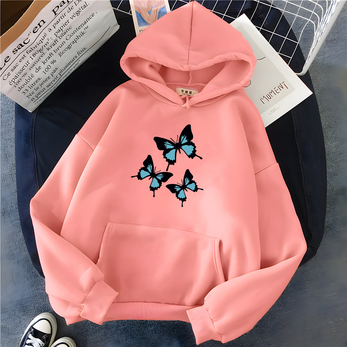 Butterflies Graphic Print Oversized Hoodie - Women's Chic Streetwear Fleece Sweatshirt