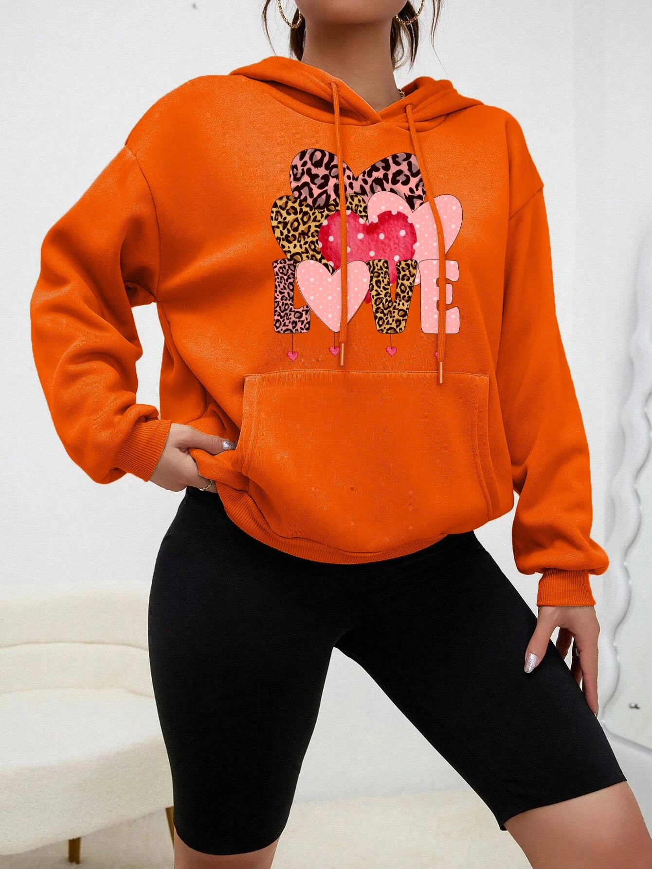 Creative Leopard Print Love Fleece Pullover Hoodie for Women