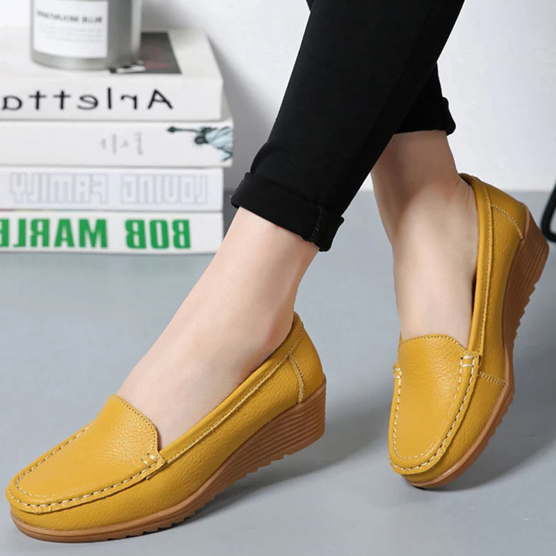 Women's Soft Leather Heeled Loafers - Casual Flat Moccasins