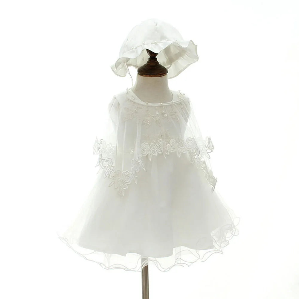 Baby Girl Christening Dress - 1st Birthday Party Outfit with Hat & Cape