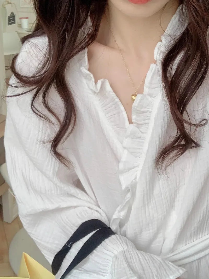 Women Robe V-Neck Sleepwear Ruffles Bathrobe Kimono Robes with Belt Korean Night Dress Bridesmaid Dressing One Piece Pajamas