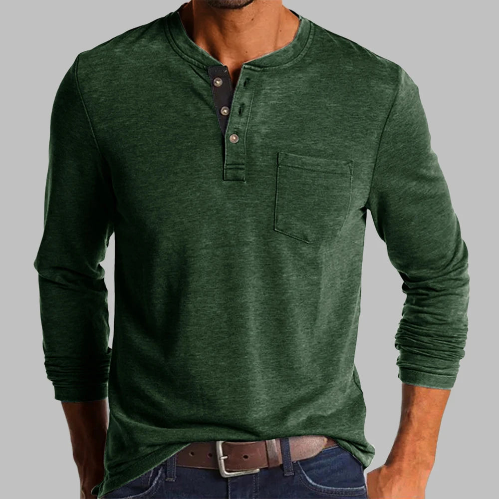 New Trend T-shirt Men Elegant Fashion Button Half Open Collar Solid Color Long Sleeve Pocket Top Men Commuter Shirts