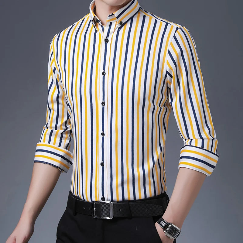 Men's Stretch Long Sleeve Shirt with Colorful Stripes – Soft, Breathable, Business Casual Style